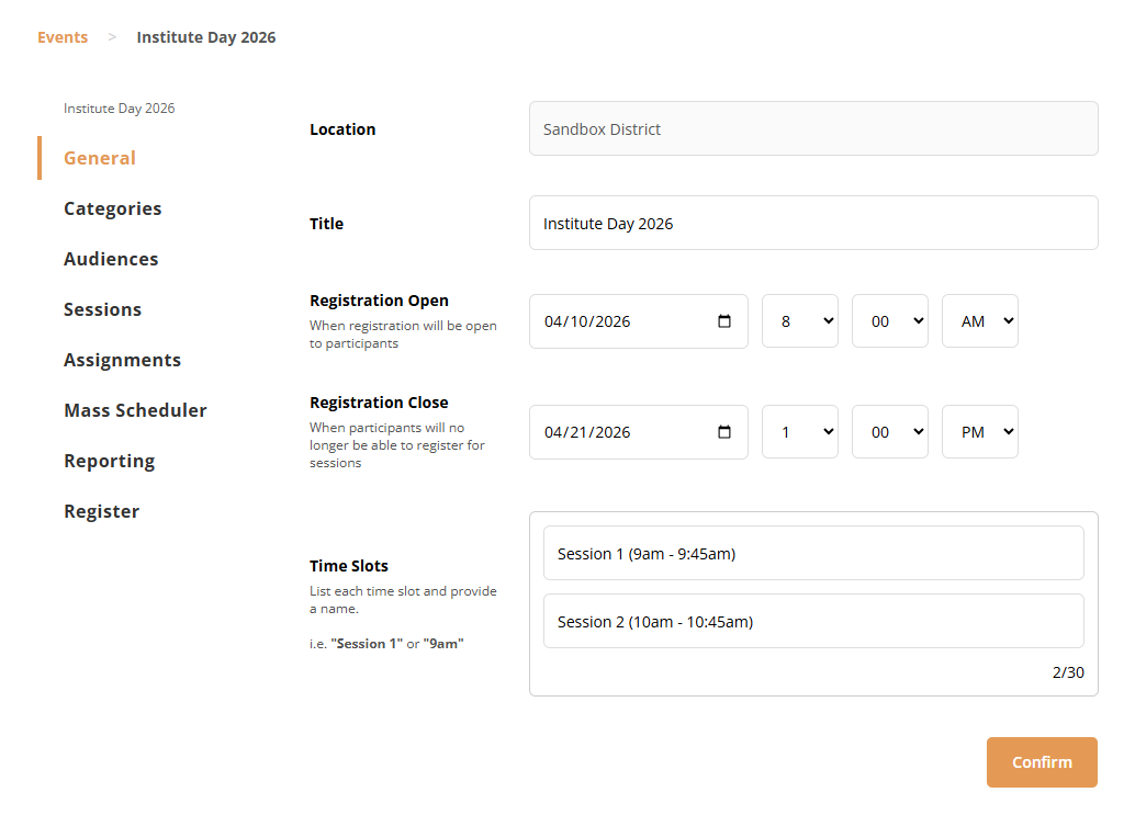 Screenshot of a Breakout Scheduler event management page