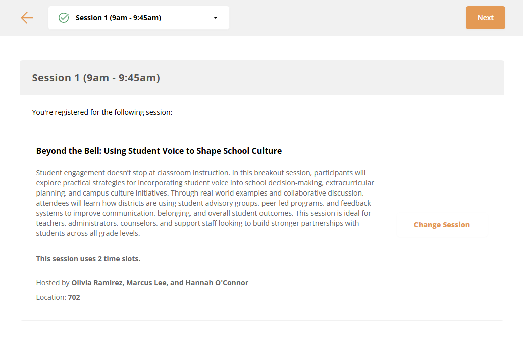 Screenshot of a breakout session registration page